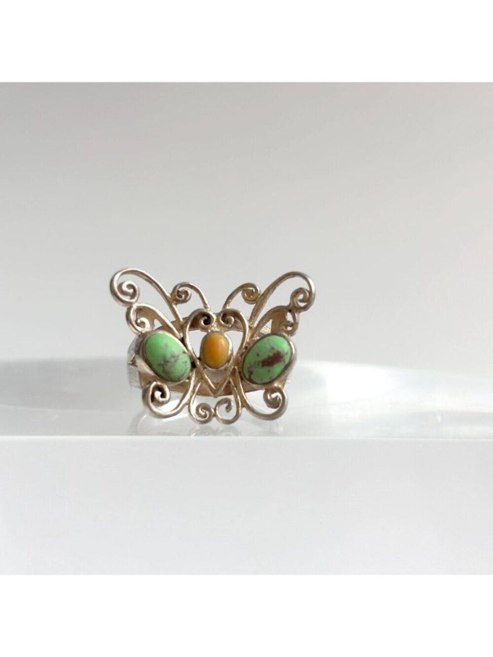 Turquoise & Coral Gemstone Butterfly Sterling Silver 925 Vintage Ring - sz 6.75 - Picture 2 of 16